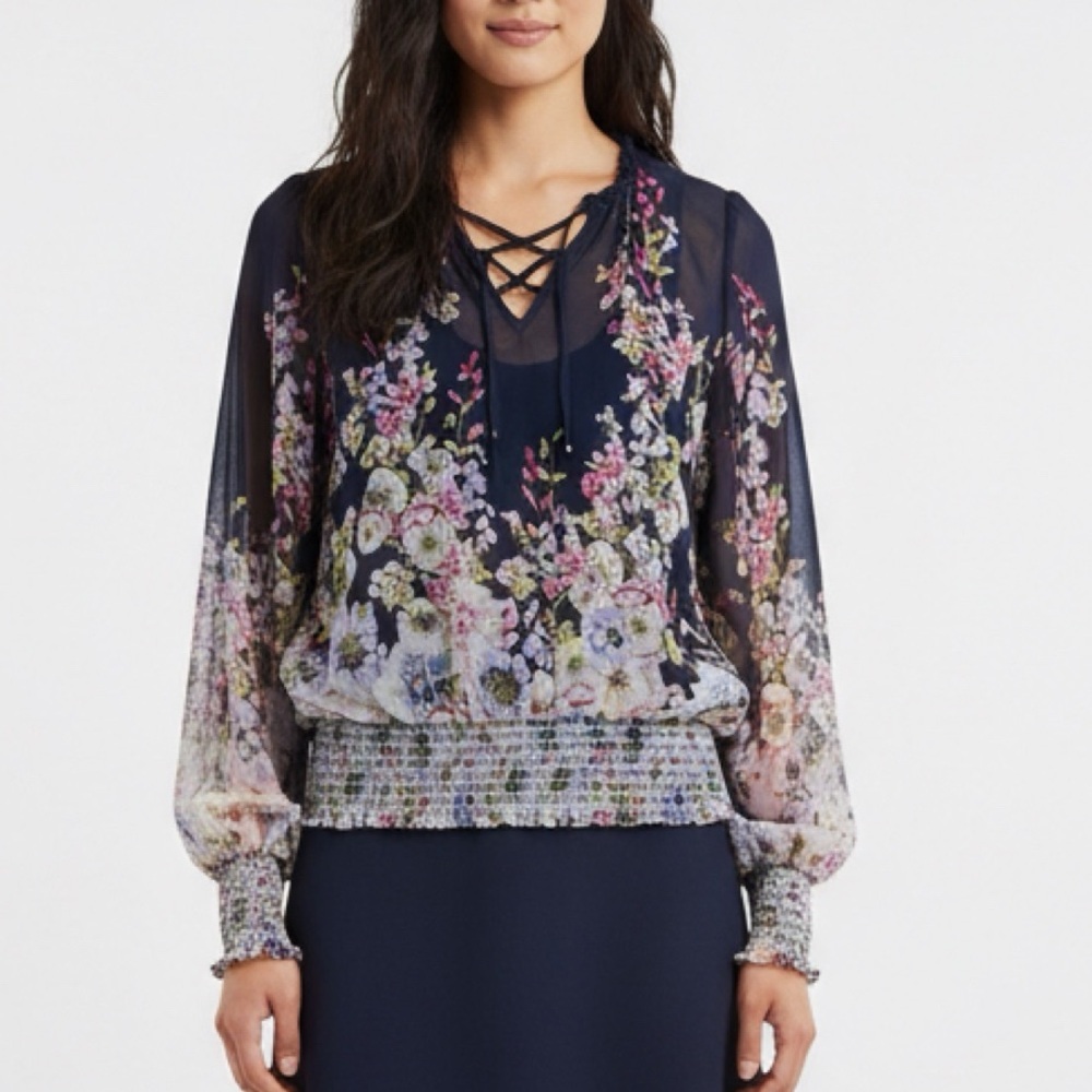 WHBM Navy Blue Floral V Neck Semi Sheer Long Sleeve Blouse Small